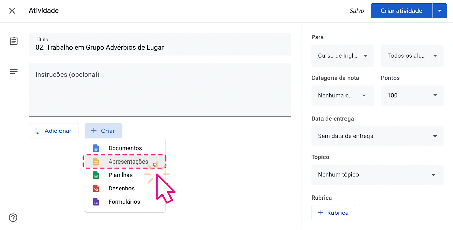 Como criar trabalhos em grupo no Google Sala de Aula 5